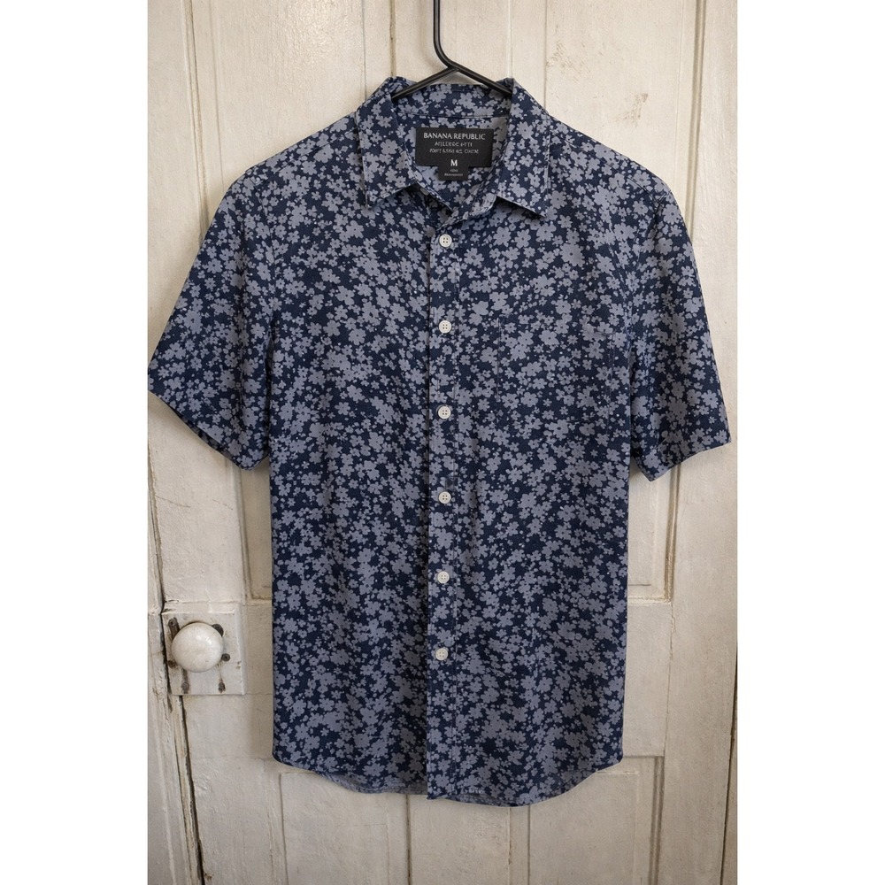 BANANA REPUBLIC Floral Button‎ Up Shirt Mens M Blue Short Sleeve Casual Summer
